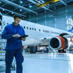 Aircraft maintenance mechanic in blue uniform is going down the stairs while using tablet in a hangar.